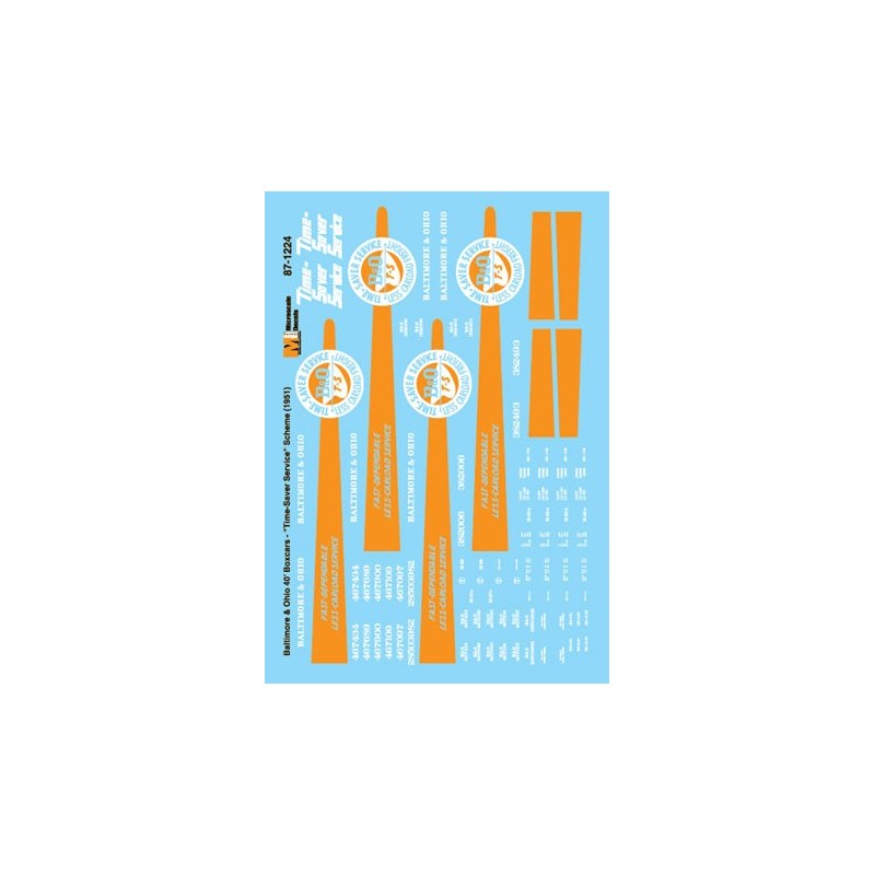 MICROSCALE DECAL 87-1224 - BALTIMORE & OHIO TIMESAVER BOXCARS - HO SCALE