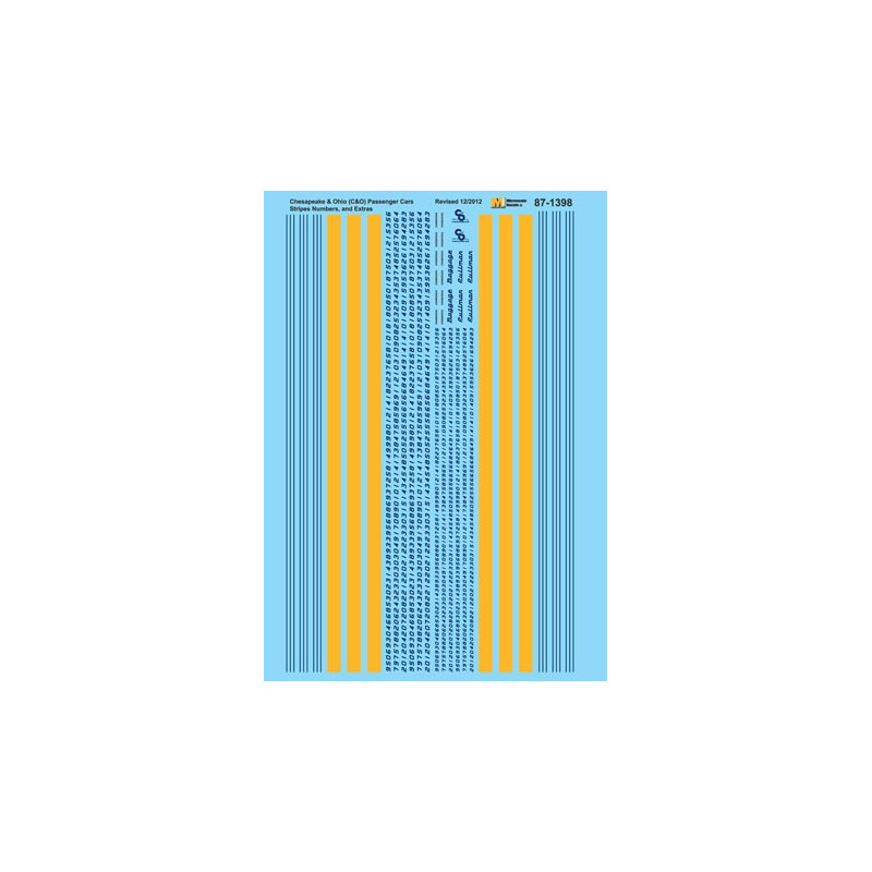 MICROSCALE DECAL 87-1398 - CHESAPEAKE & OHIO PASSENGER CAR STRIPES, NUMBERS & EXTRAS - HO SCALE