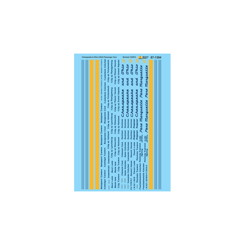 MICROSCALE DECAL 87-1394 - CHESAPEAKE & OHIO PASSENGER CARS - HO SCALE