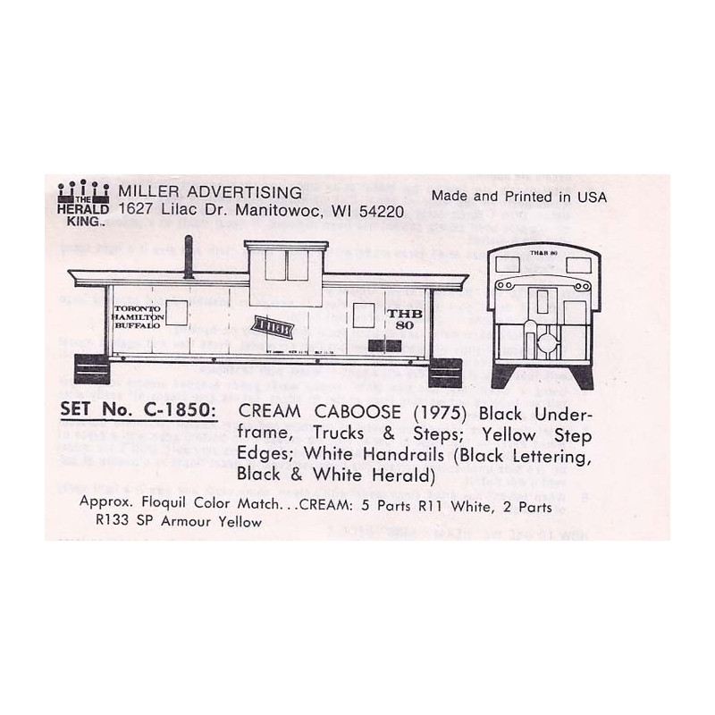 HERALD KING DECAL C-1850 - TORONTO HAMILTON & BUFFALO CABOOSE - HO SCALE
