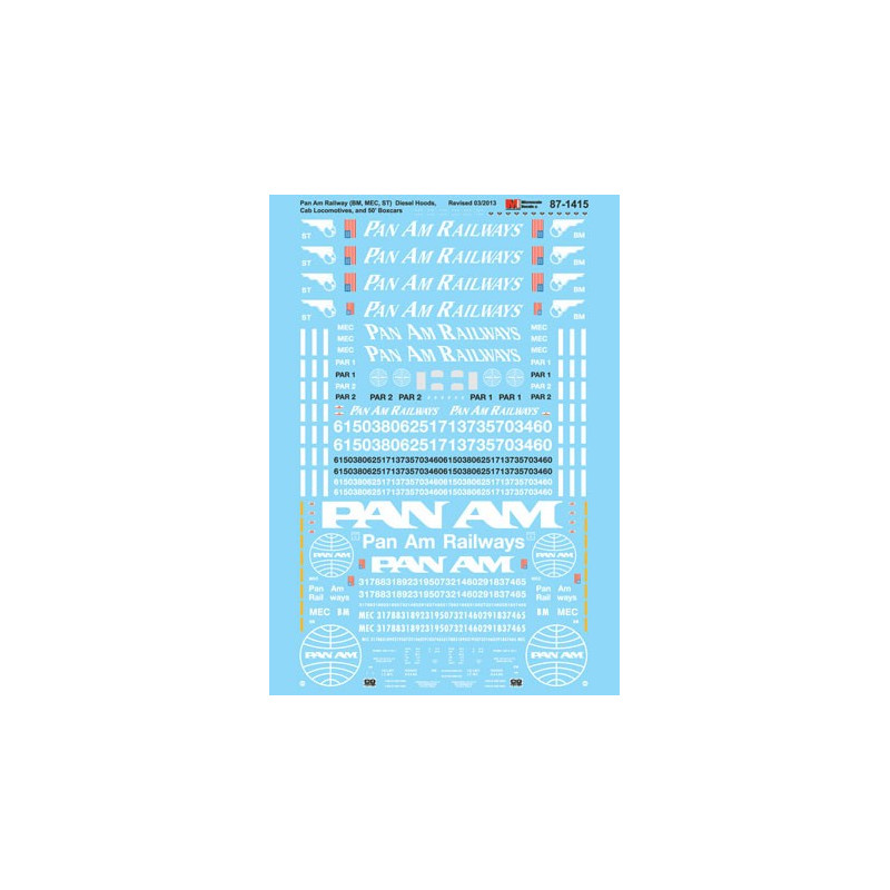 MICROSCALE DECAL 87-1415 - PAN AM RAILWAY EQUIPMENT - HO SCALE