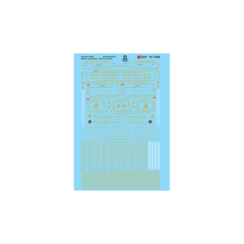 MICROSCALE DECAL 87-1409 - SOUTHERN RAILWAY STEAM LOCOMOTIVES - HO SCALE