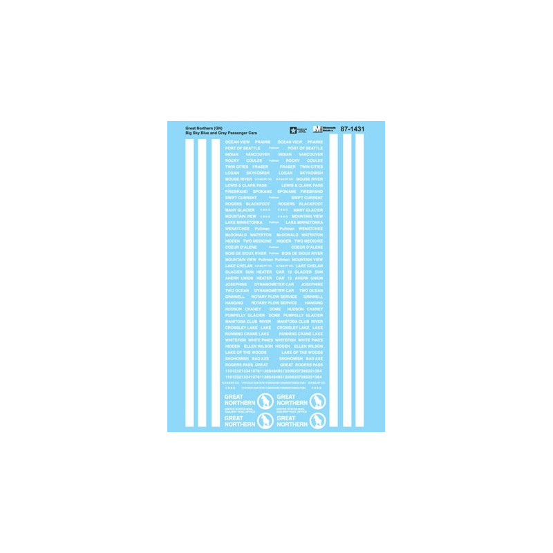 MICROSCALE DECAL 87-1431 - GREAT NORTHERN PASSENGER CARS - HO SCALE