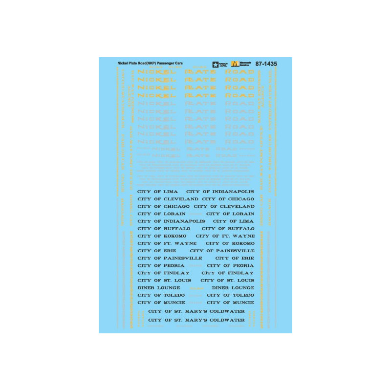 MICROSCALE DECAL 87-1435 - NICKEL PLATE ROAD PASSENGER CARS - HO SCALE