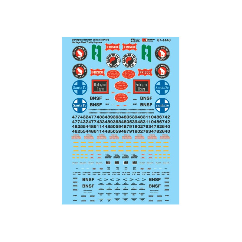 MICROSCALE DECAL 87-1440 - BURLINGTON NORTHERN SANTA FE HERITAGE TRINITY COVERED HOPPERS - HO SCALE