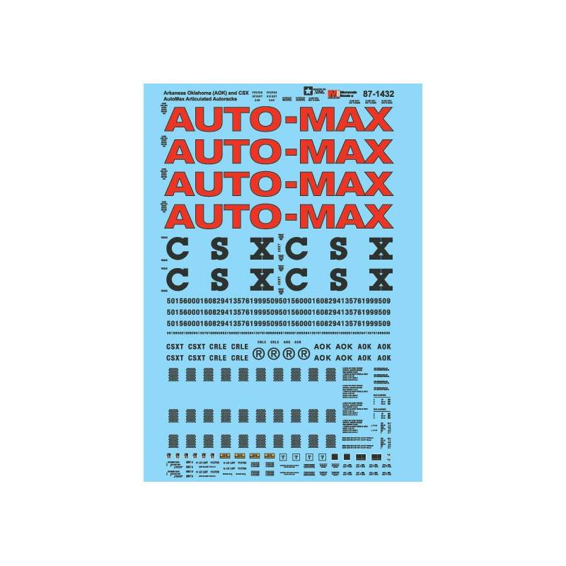 MICROSCALE DECAL 87-1432 - ARKANSAS OKLAHOMA & CSX AUTOMAX CARS - HO SCALE