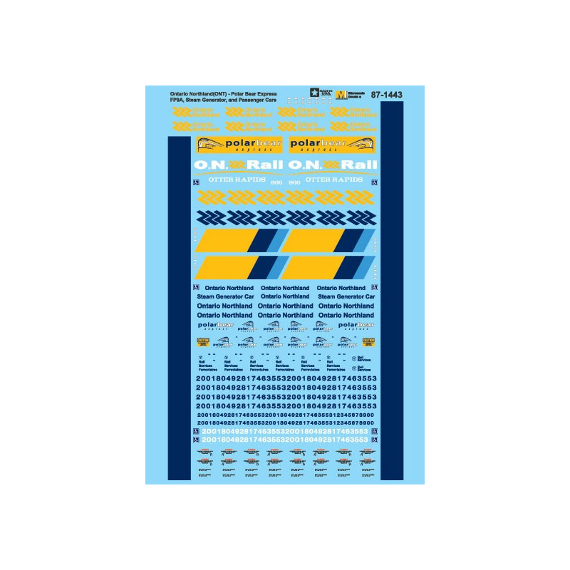 MICROSCALE DECAL 87-1443 - ONTARIO NORTHLAND POLAR BEAR EXPRESS LOCOMOTIVES & PASSENGER CARS - HO SCALE