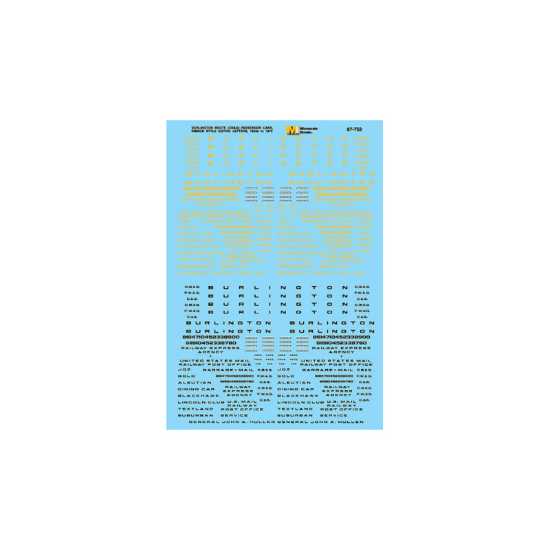 MICROSCALE DECAL 87-752 - CHICAGO BURLINGTON & QUINCY PASSENGER CARS