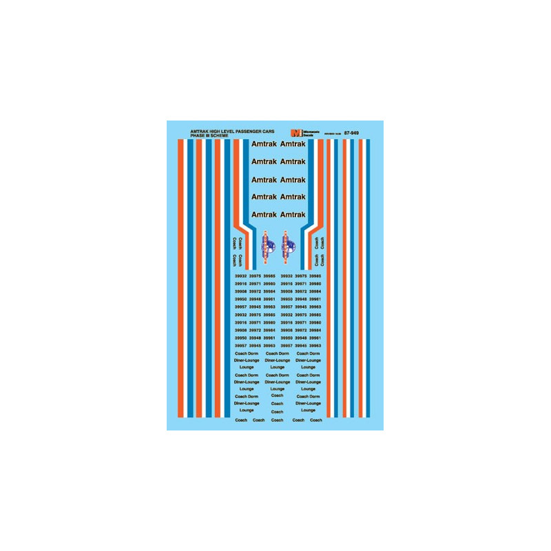MICROSCALE DECAL 87-949 - AMTRAK HIGH LEVEL PASSENGER CARS