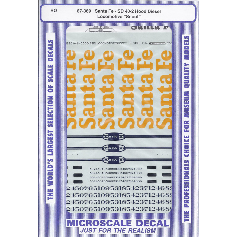MICROSCALE DECAL 87-369 - SANTA FE SD40-2 SNOOT DIESEL LOCOMOTIVES