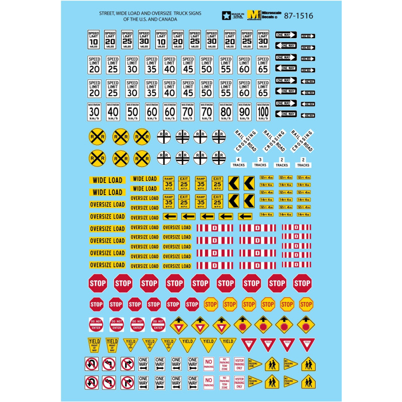 MICROSCALE DECAL 87-1516 - STREET, WIDE LOAD & OVERSIZE TRUCK SIGNS