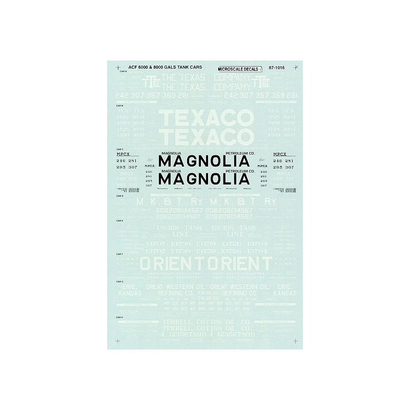 MICROSCALE DECAL 87-1016 - ASSORTED 6,000 & 8,000 GALLON TANK CARS