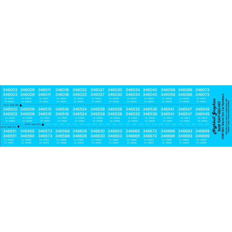 HIGHBALL RAP-002-HO - RAPIDO BARREL ORE CAR NUMBERS - CANADIAN NATIONAL - HO SCALE