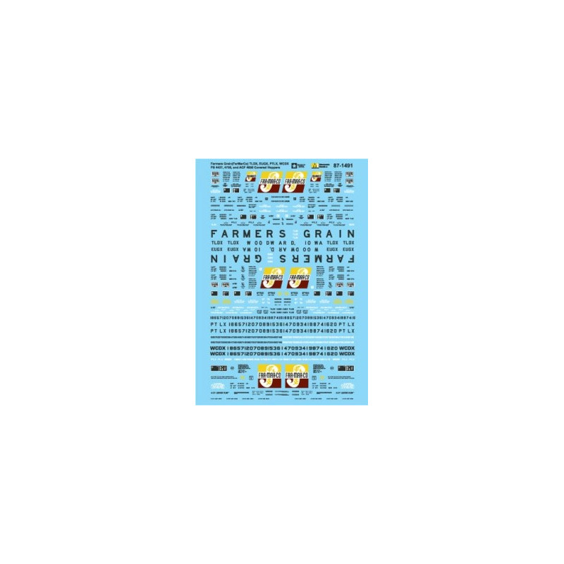 MICROSCALE DECAL 87-1491 - FARMERS GRAIN (FarMarCo) TLDX, EUGX, PTLX, WCDX PS 4427, 4750 AND ACF 4650 COVERED HOPPER - HO SCALE