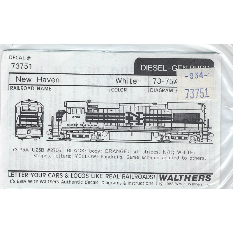 WALTHERS DECAL 934-73751 - NEW HAVEN U25B DIESEL LOCOMOTIVE - HO SCALE 