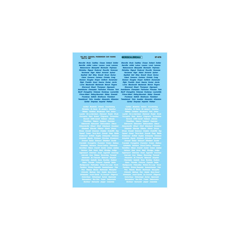 MICROSCALE DECAL 87-678 - VIA RAIL PASSENGER CAR NAMES - HO SCALE