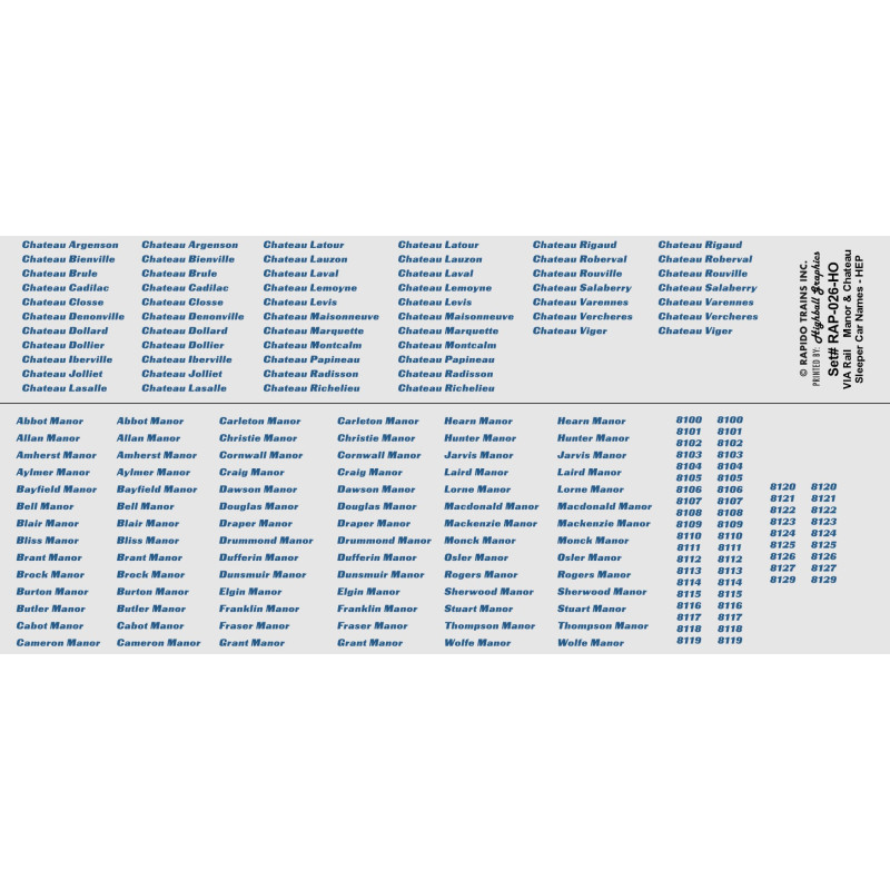 HIGHBALL RAP-026-HO - CHATEAU & MANOR SLEEPER CAR NAMES FOR RAPIDO SLEEPERS - VIA HEP - HO SCALE