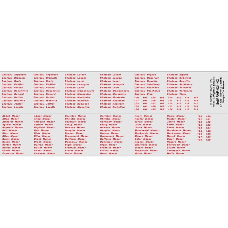 HIGHBALL RAP-024-HO - CHATEAU & MANOR SLEEPER CAR NAMES FOR RAPIDO SLEEPERS - CPRAIL - HO SCALE