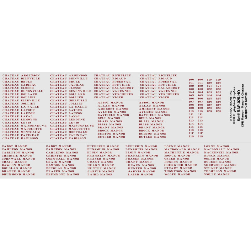 HIGHBALL RAP-025-HO - CHATEAU & MANOR SLEEPER CAR NAMES FOR RAPIDO SLEEPERS - CANADIAN PACIFIC - HO SCALE