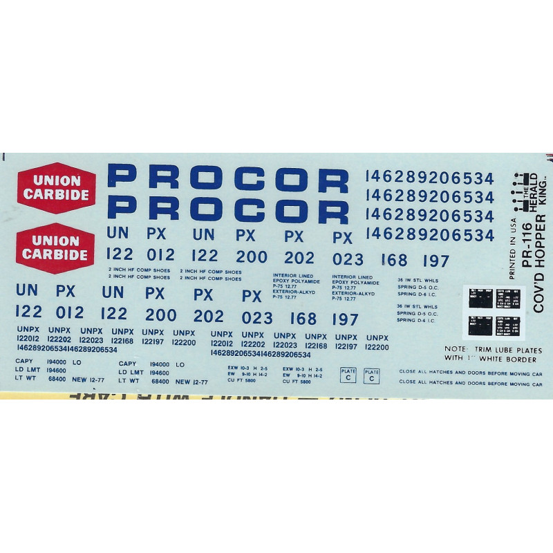HERALD KING DECAL PR -116 - PROCOR UNION CARBIDE COVERED HOPPER - HO SCALE