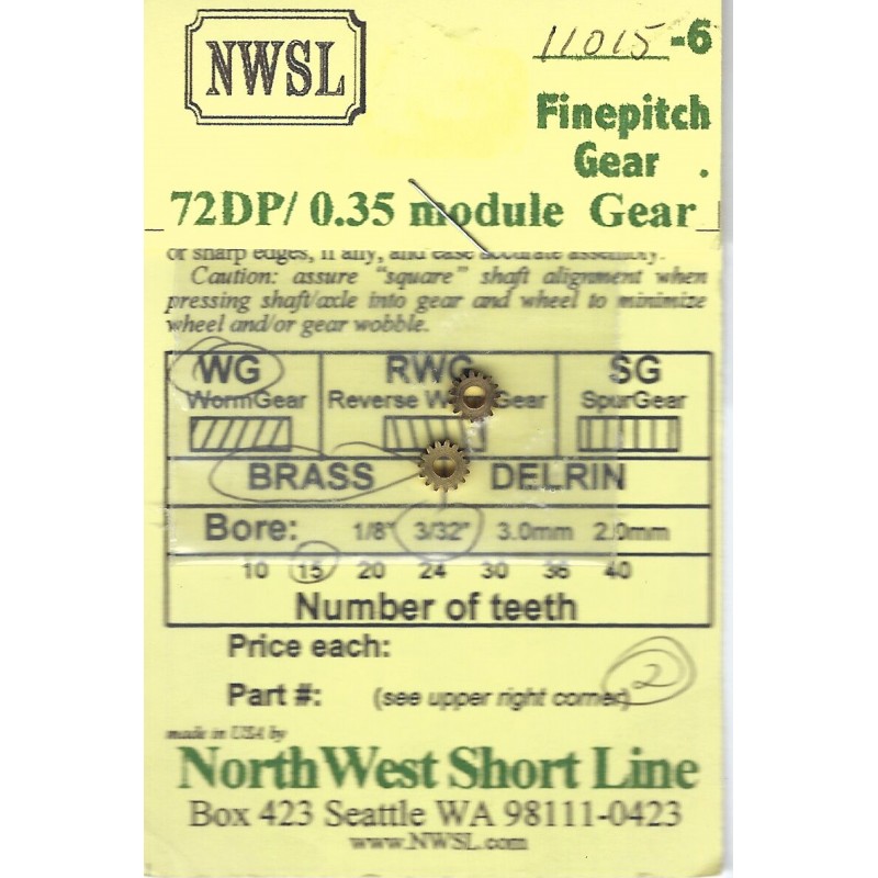 NWSL 11015-6 - BRASS WORM GEAR - 72DP x 15 TEETH x 6.1mm OD x 0.085" FACE x 3/32" BORE