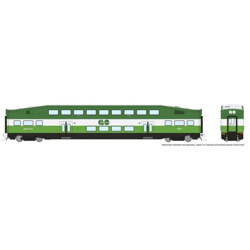 HIGHBALL RAP-035-HO - RAPIDO BI-LEVEL COMMUTER CARS - GO TRANSIT-METROLINX NUMBERS - HO SCALE
