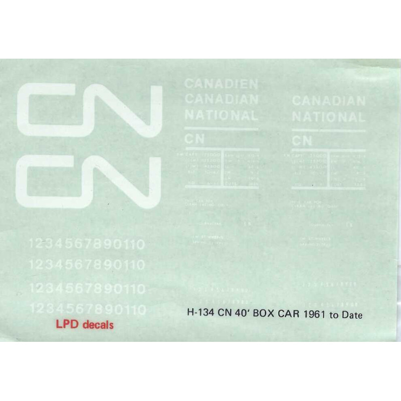 LPD DECALS H-134 - CANADIAN NATIONAL 40' BOXCAR - HO SCALE