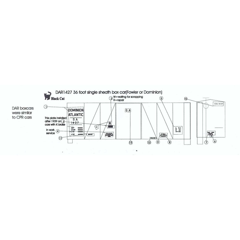 BLACK CAT DECAL - BC376 - DOMINION ATLANTIC 36' FOWLER/DOMINION BOXCAR - HO SCALE