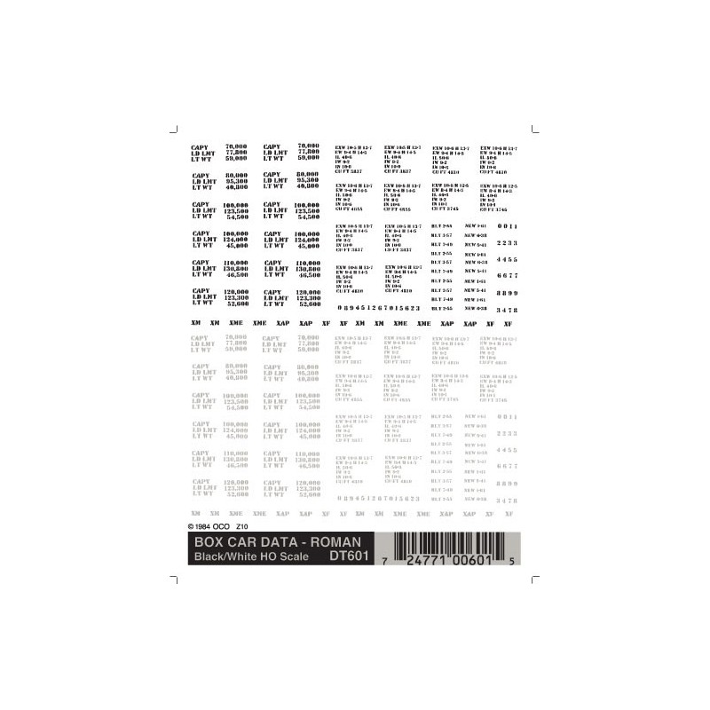 WOODLAND DT601 - BOXCAR DATA - BLACK & WHITE - HO SCALE