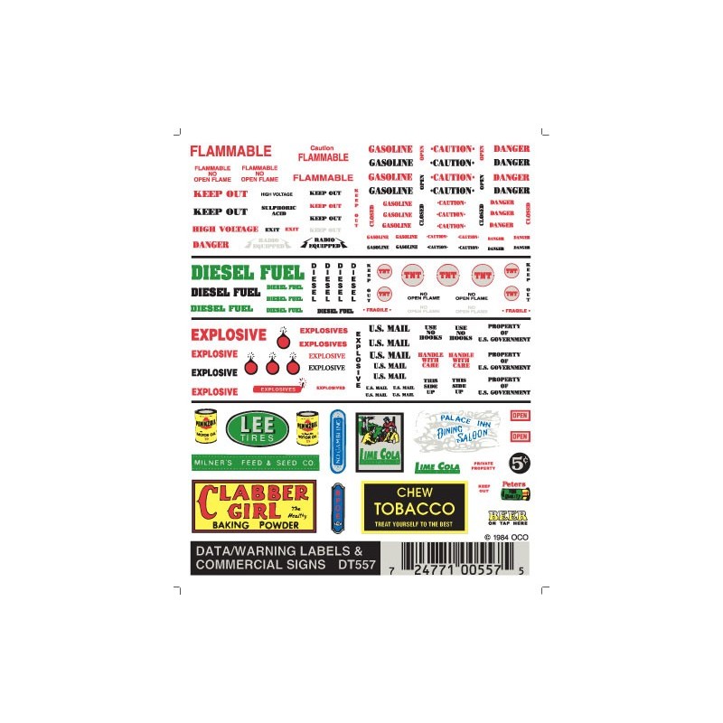 WOODLAND DT557 - DATA, WARNING LABELS & COMMERCIAL SIGNS - HO SCALE
