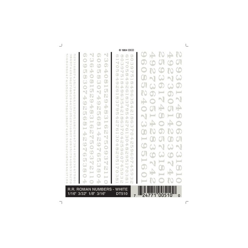 WOODLAND DT510 - NUMBERS - RAILROAD ROMAN - WHITE