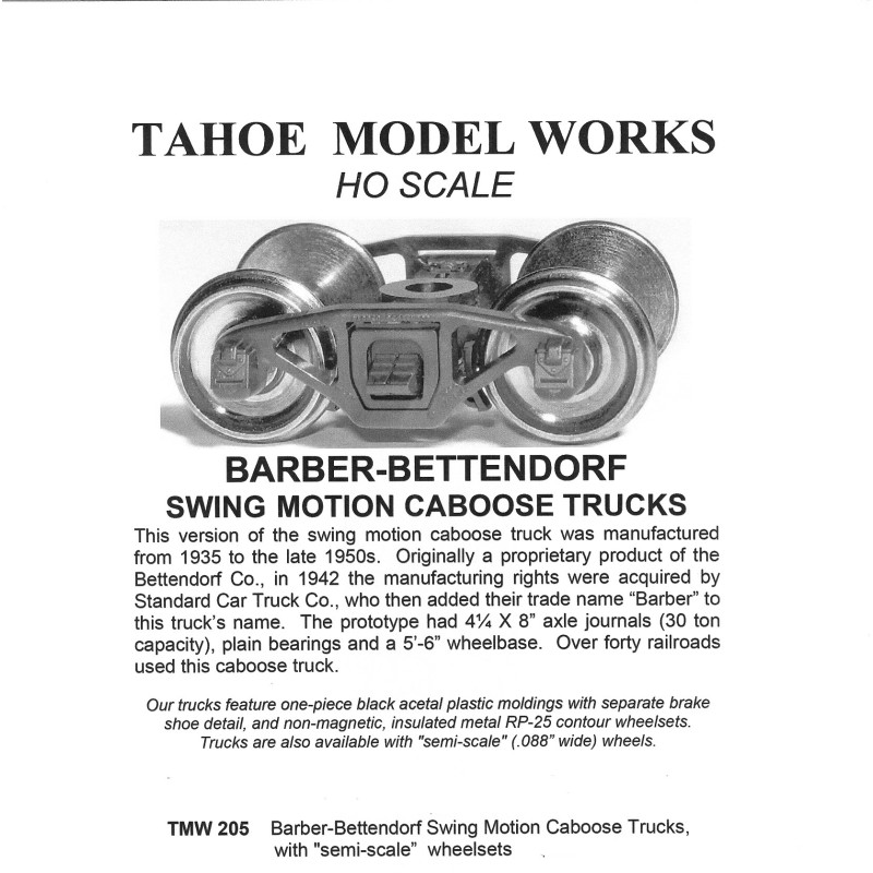 TMW205 - BARBER-BETTENDORF SWING MOTION CABOOSE TRUCKS - SEMI-SCALE WHEELSETS - HO SCALE