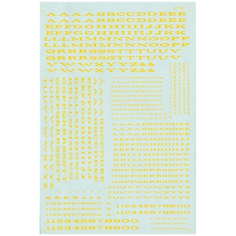 MICROSCALE DECAL 90016 - ALPHABET EXTENDED RAILROAD ROMAN YELLOW - HO SCALE
