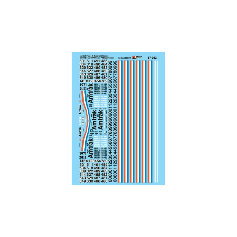MICROSCALE DECAL 87-362 - AMTRAK DIESEL LOCOMOTIVES - HO SCALE