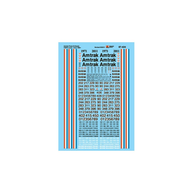 MICROSCALE DECAL 87-424 - AMTRAK DIESEL & ELECTRIC LOCOMOTIVES - HO SCALE