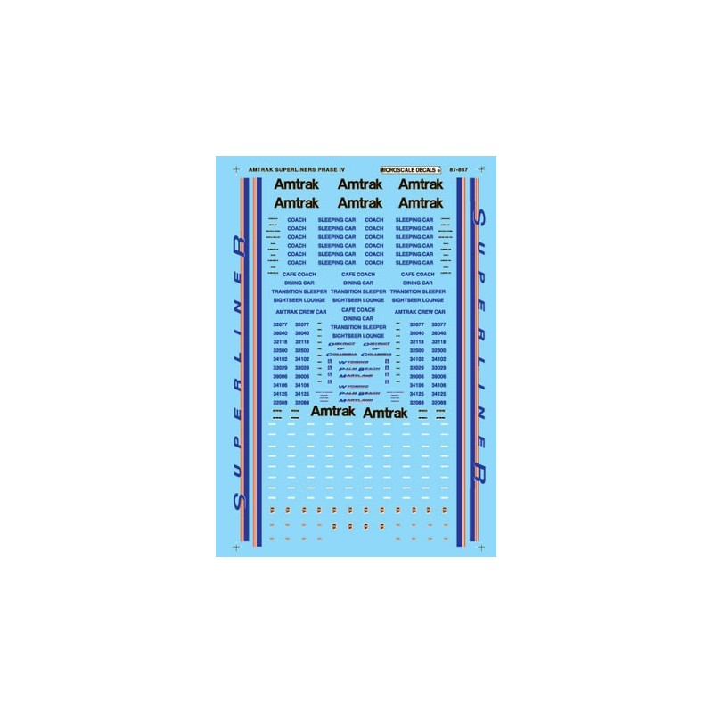 MICROSCALE DECAL 87-867 - AMTRAK SUPERLINER PASSENGER CARS - HO SCALE