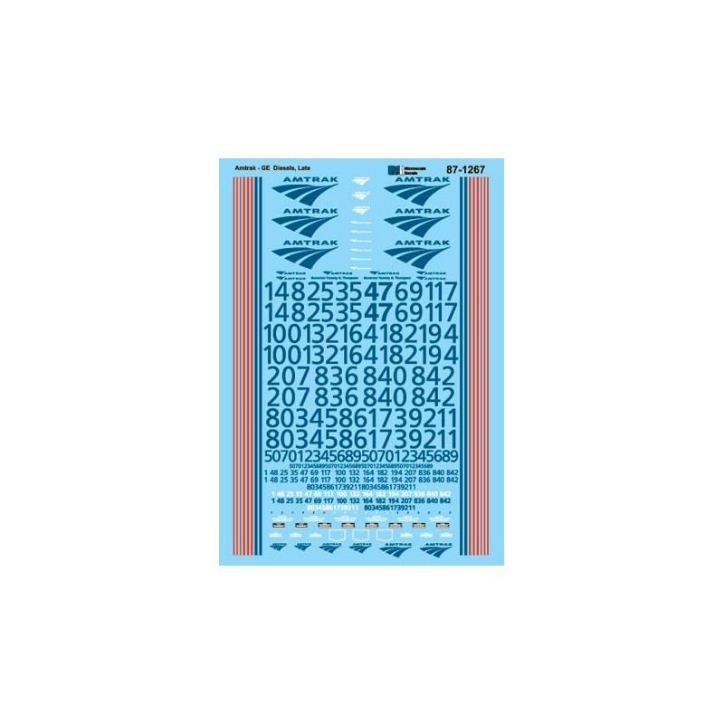 MICROSCALE DECAL 87-1267 - AMTRAK DIESEL LOCOMOTIVES - HO SCALE