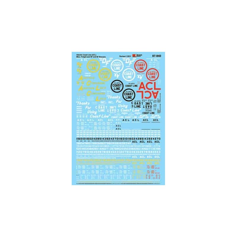 MICROSCALE DECAL 87-940 - ATLANTIC COAST LINE FREIGHT CARS - HO SCALE