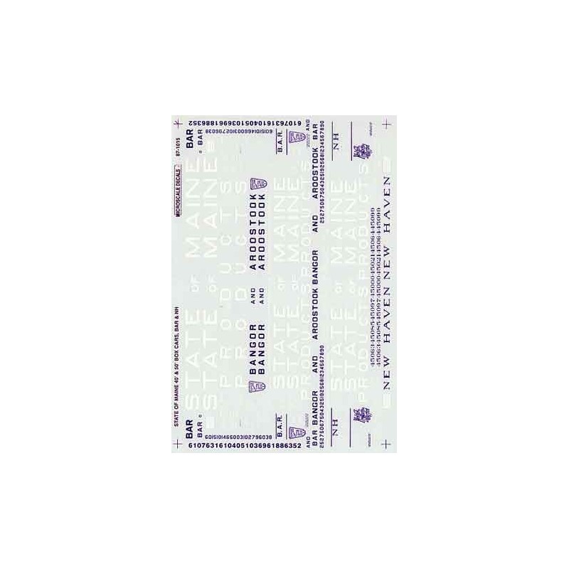 MICROSCALE DECAL 87-1015 - BANGOR & AROOSTOOK / NEW HAVEN STATE OF MAINE BOXCARS - HO SCALE