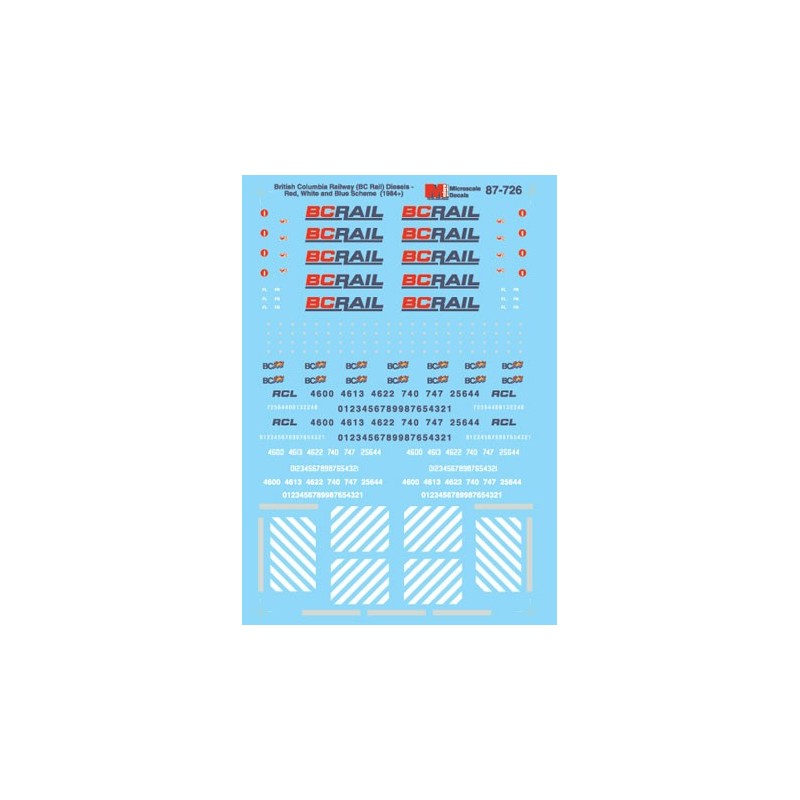 MICROSCALE DECAL 87-726 - BRITISH COLUMBIA RAILWAY DIESEL LOCOMOTIVES - HO SCALE