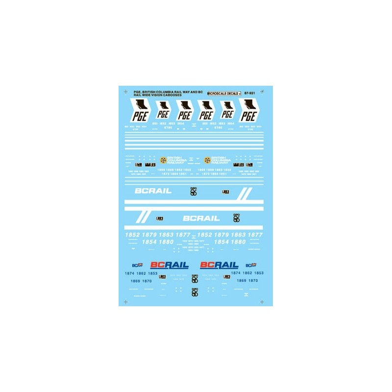 MICROSCALE DECAL 87-931 - BRITISH COLUMBIA RAILWAY / PACIFIC GREAT EASTERN CABOOSES - HO SCALE
