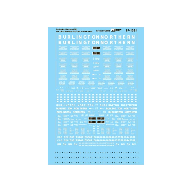MICROSCALE DECAL 87-1381 - BURLINGTON NORTHERN FLAT CARS - HO SCALE