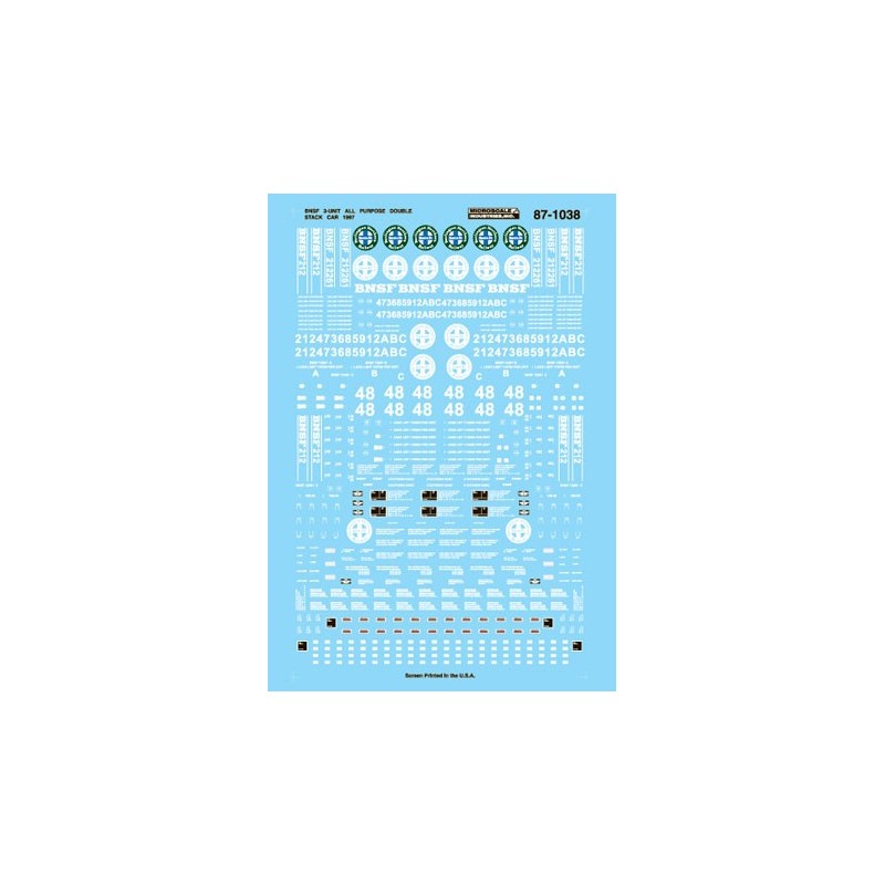 MICROSCALE DECAL 87-1038 - BURLINGTON NORTHERN SANTA FE 3 UNIT ALL PURPOSE STACK CARS - HO SCALE