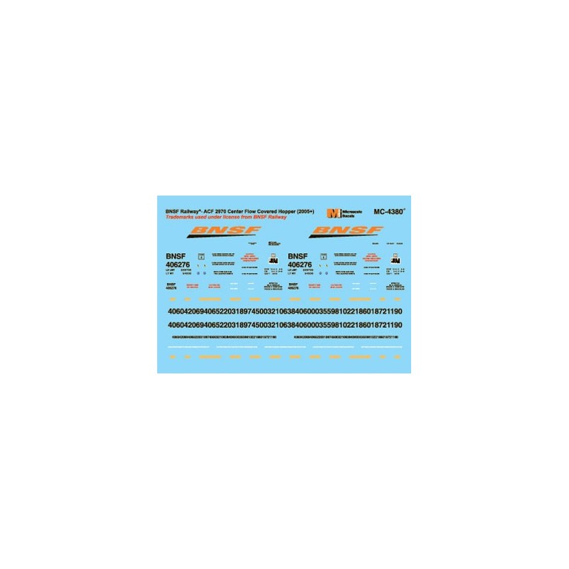 MICROSCALE DECAL MC-4380 - BURLINGTON NORTHERN SANTA FE COVERED HOPPERS - HO SCALE