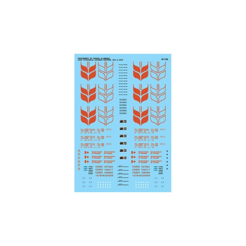 MICROSCALE DECAL 87-729 - GOVERNMENT OF CANADA GRAIN COVERED HOPPER - HO SCALE
