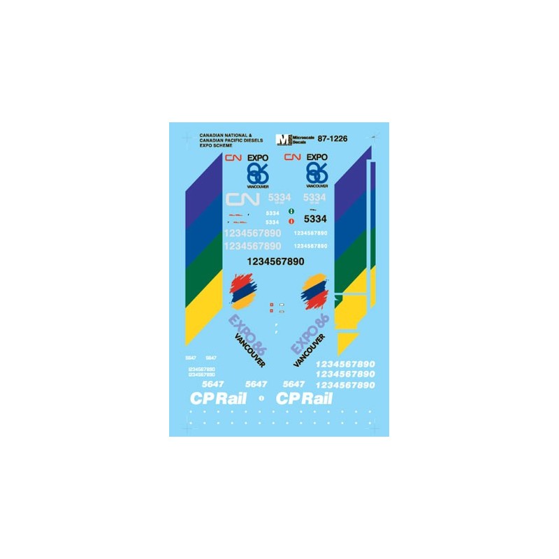 MICROSCALE DECAL 87-1226 - CANADIAN NATIONAL / CANADIAN PACIFIC EXPO 86 DIESEL LOCOMOTIVES - HO SCALE