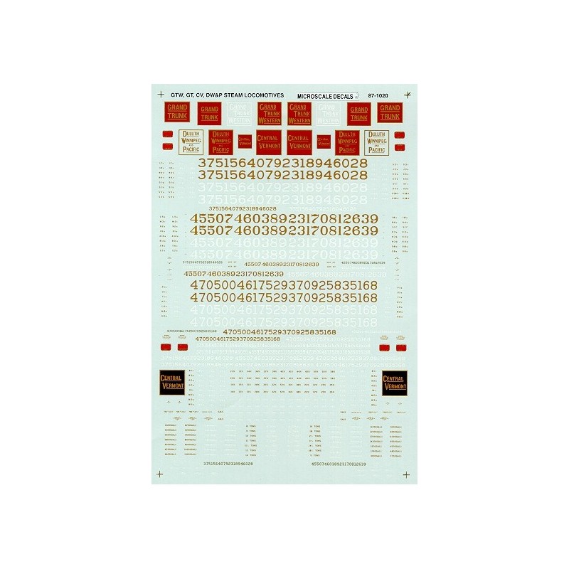 MICROSCALE DECAL 87-1020 - CENTRAL VERMONT / GRAND TRUNK / GRAND TRUNK WESTERN / DULUTH WINNIPEG & PACIFIC STEAM LOCOMOTIVES - H