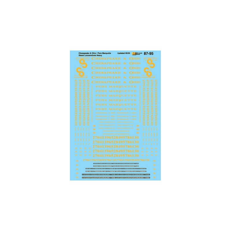 MICROSCALE DECAL 87-95 - CHESAPEAKE & OHIO / PERE MARQUETTE STEAM LOCOMOTIVES - HO SCALE