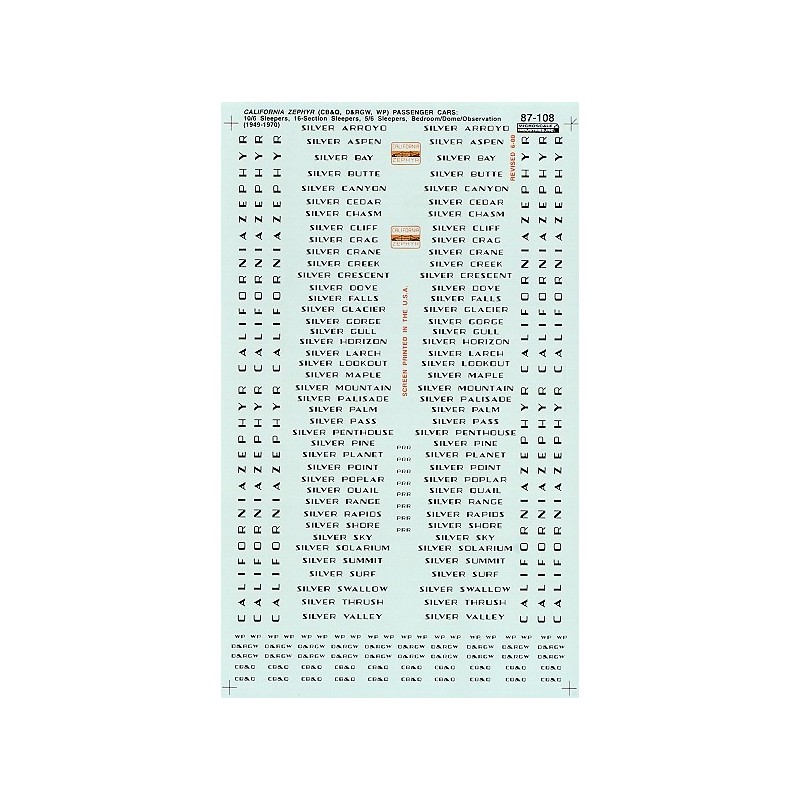 MICROSCALE DECAL 87-108 - CHICAGO BURLINGTON & QUINCY CALIFORNIA ZEPHYR PASSENGER CARS - HO SCALE