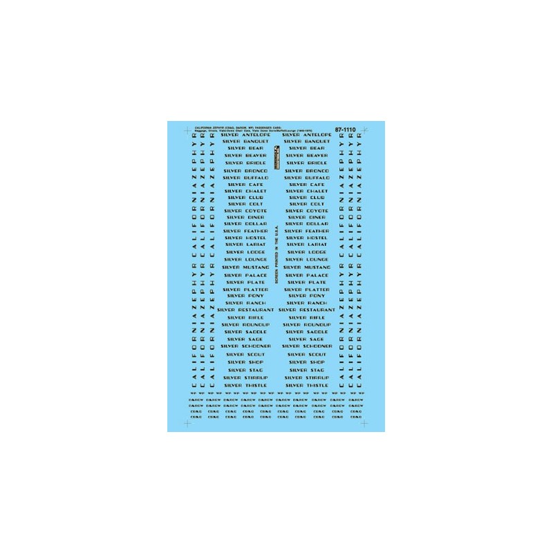 MICROSCALE DECAL 87-1110 - CHICAGO BURLINGTON & QUINCY CALIFORNIA ZEPHYR PASSENGER CARS - HO SCALE